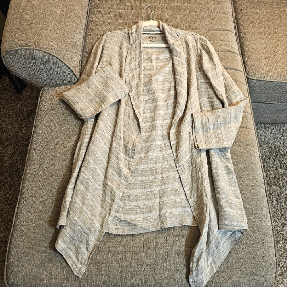 FLAX Linen Gray White Stripe Lagen Slouchy Casual Minimalist Cardigan Size Small